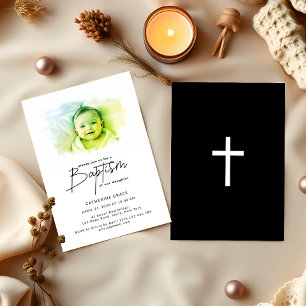 Minimalist Watercolor Painting Baby Photo Baptism Invitation