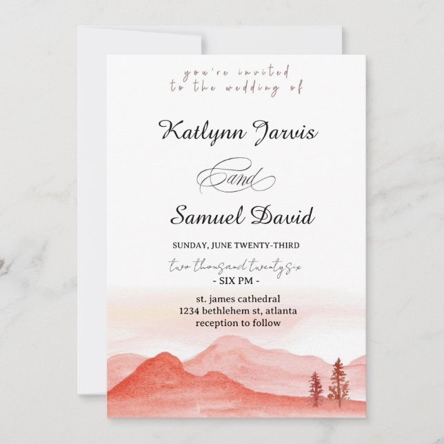 Minimalist Watercolor Pine Tree Mountain Invitation (Front)