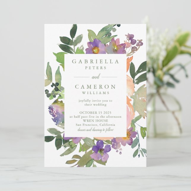 Minimalist Watercolor Purple Chic Floral Wedding Invitation (Standing Front)