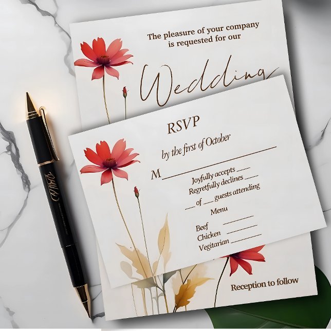 Minimalist watercolor red flower wedding RSVP card (Creator Uploaded)