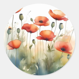 Minimalist Watercolor Red Poppy Classic Round Sticker