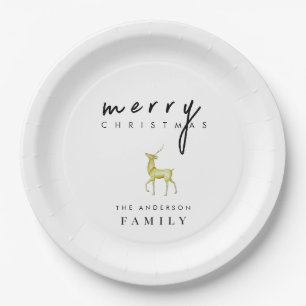 Minimalist Watercolor Reindeer Merry Christmas Paper Plate
