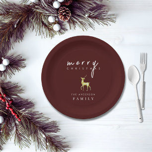 Minimalist Watercolor Reindeer Merry Christmas Paper Plate