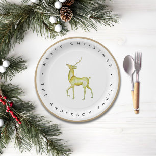 Minimalist Watercolor Reindeer Merry Christmas Paper Plate