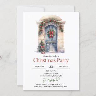 Minimalist watercolor rustic wooden Christmas door Invitation