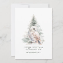 Minimalist Watercolor Snowy Owl Woodland Christmas