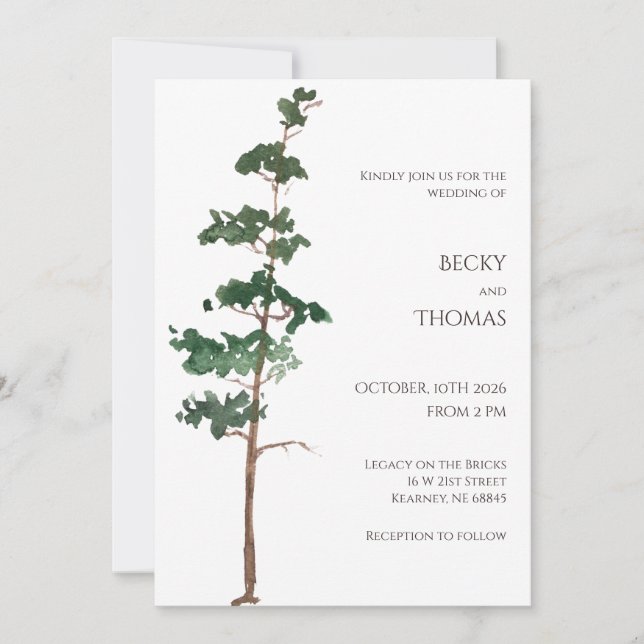 Minimalist Watercolor Spruce Wedding Invitation (Front)