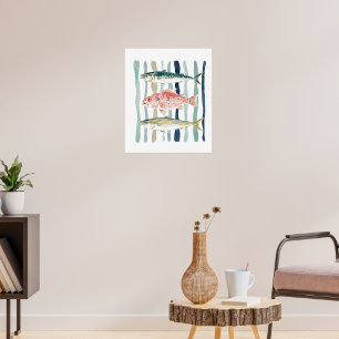 Minimalist Watercolor Three Fish Coastal Striped Poster