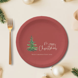 Minimalist Watercolor Tree Merry Christmas Party  Paper Plate