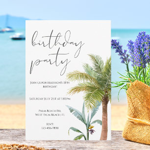 Minimalist Watercolor Tropical Birthday Invitation