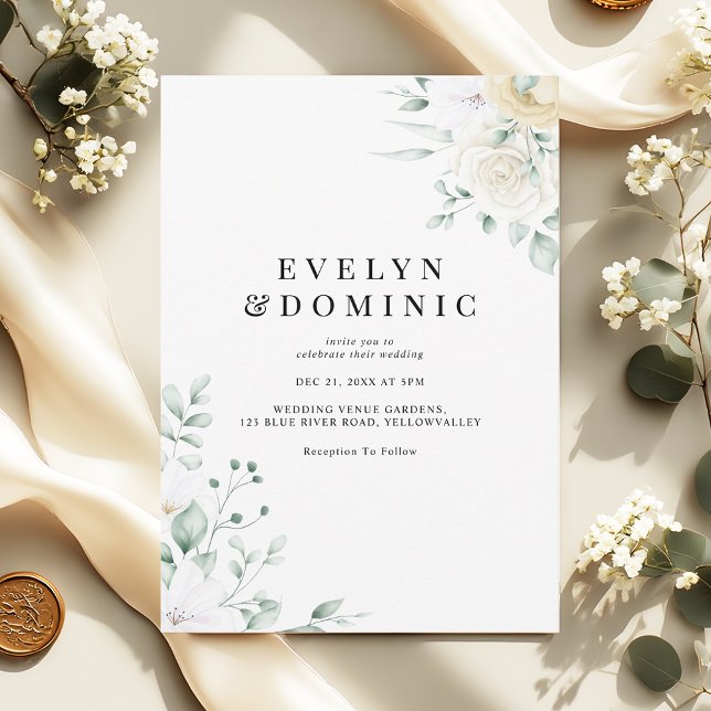 Minimalist Watercolour Floral White Rose Wedding Invitation (Creator Uploaded)