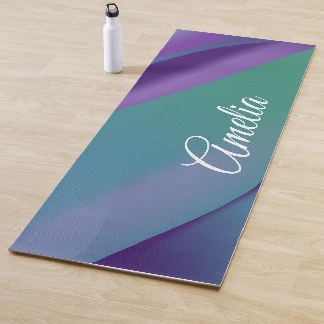 Minimalist wave purple turquoise violet with name yoga mat (In Situ)