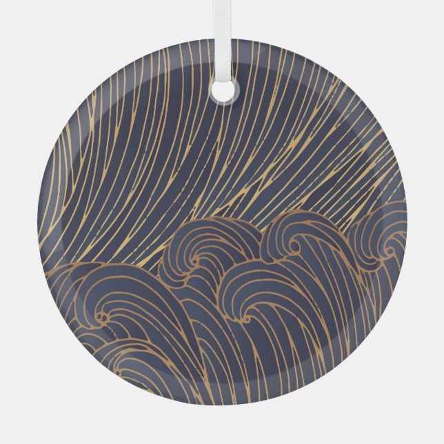 Minimalist waves, mountain line art. glass tree decoration (Front)