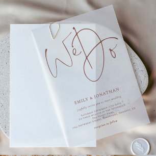Minimalist We Do Modern Brown Script Wedding Vellum Invitations