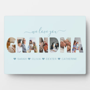 Minimalist We Love You Grandma Photo Collage Blue Plaque