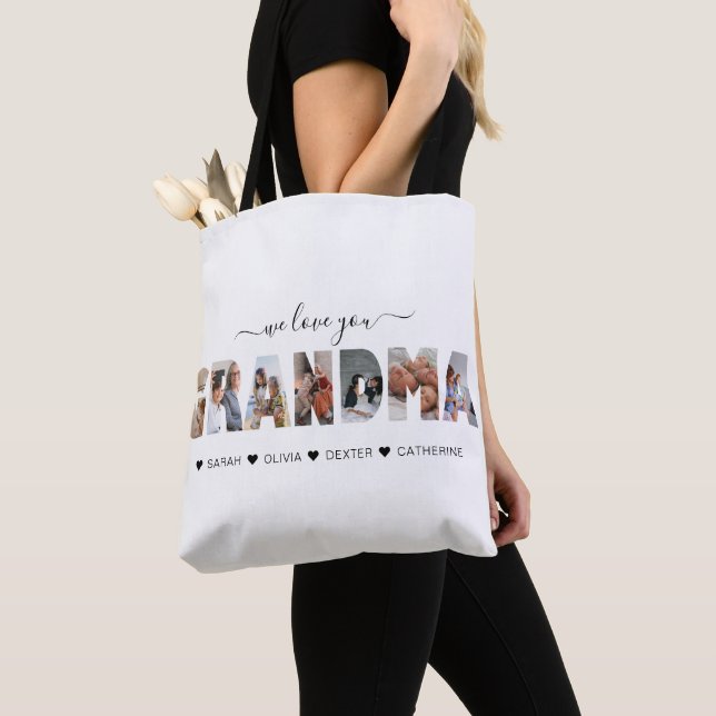 Minimalist We Love You Grandma Photo Collage Tote Bag (Close Up)