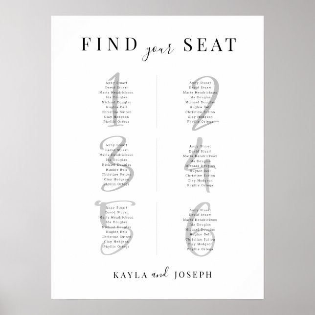 Minimalist Wedding 6 Table Seating Chart Sign (Front)