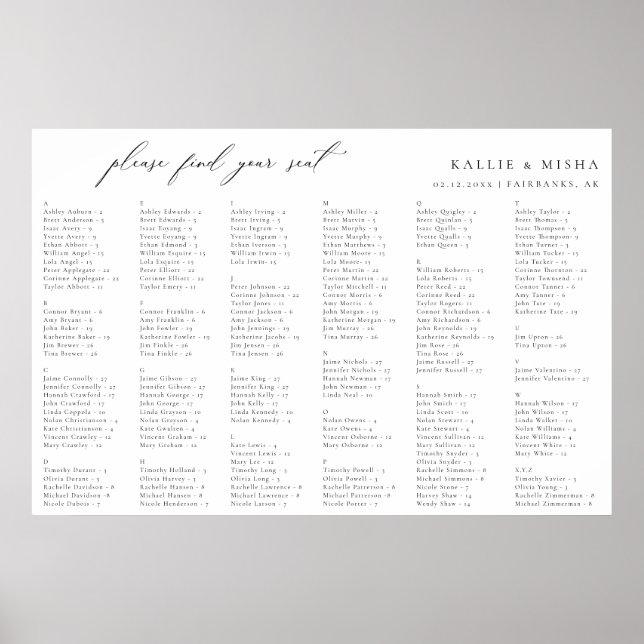 Minimalist Wedding Alphabetical Seating Chart (Front)