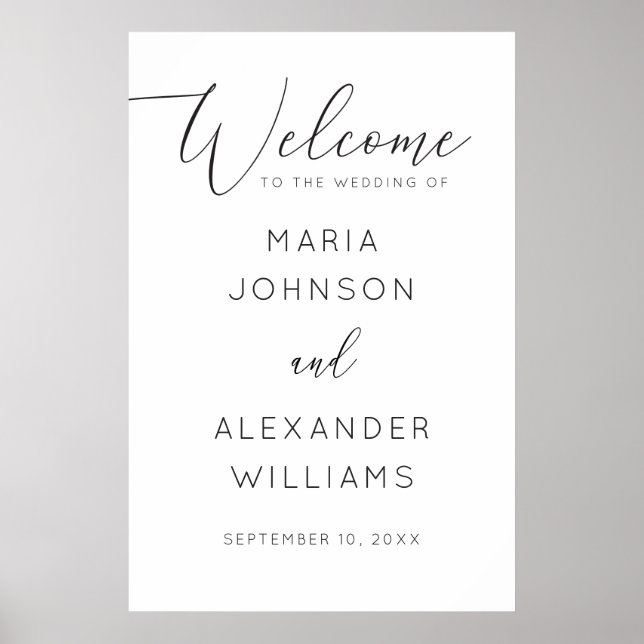Minimalist Wedding | Black & White Script Welcome Poster (Front)