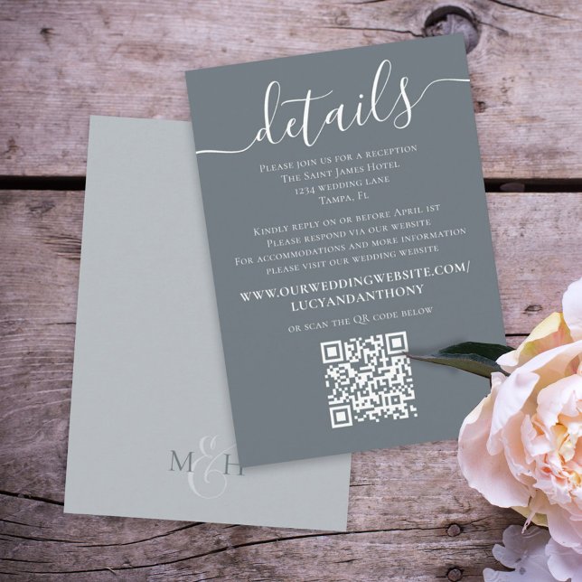 Minimalist Wedding Blue Details QR Code Website Enclosure Card (Creator Uploaded)