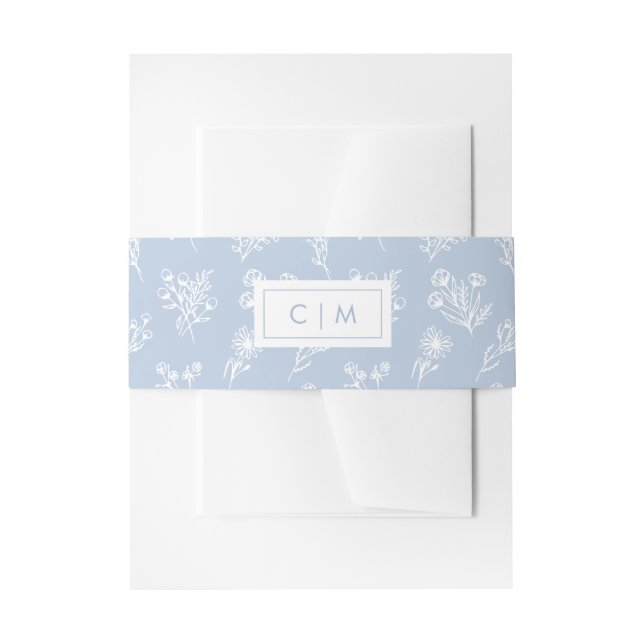 Minimalist Wedding Botanical Pattern Blue White Invitation Belly Band (Front Example)
