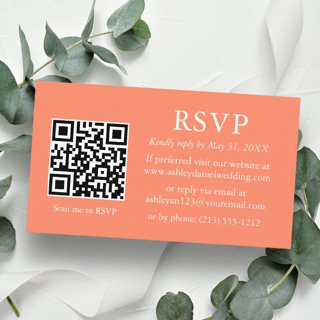 Minimalist Wedding Coral QR RSVP Enclosure Card (Customize to change text style, size, background color or add more text or a photo to back of card.)