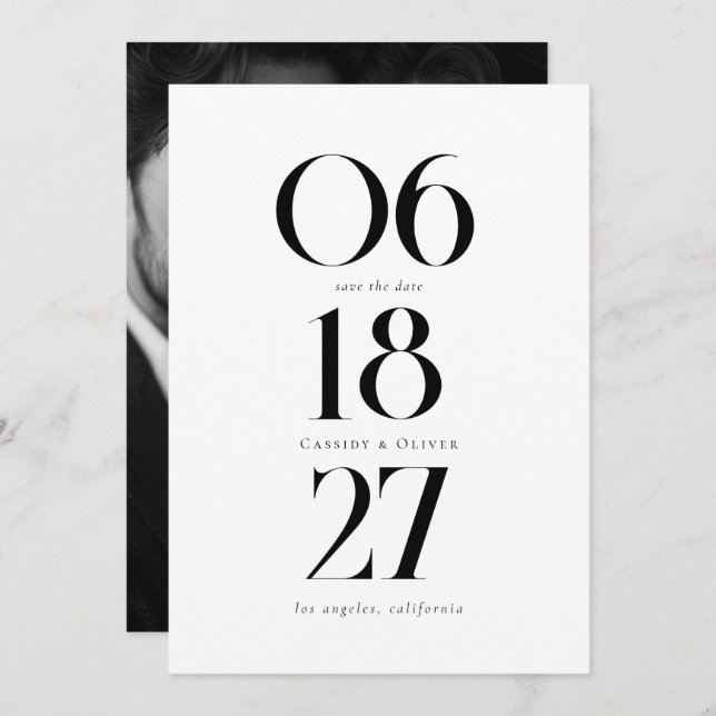 Minimalist Wedding Date Bold Black White Photo Save The Date (Front/Back)