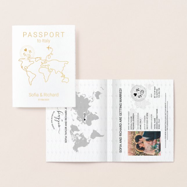 Minimalist Wedding Destination Passport World Map Foil Card (Display)