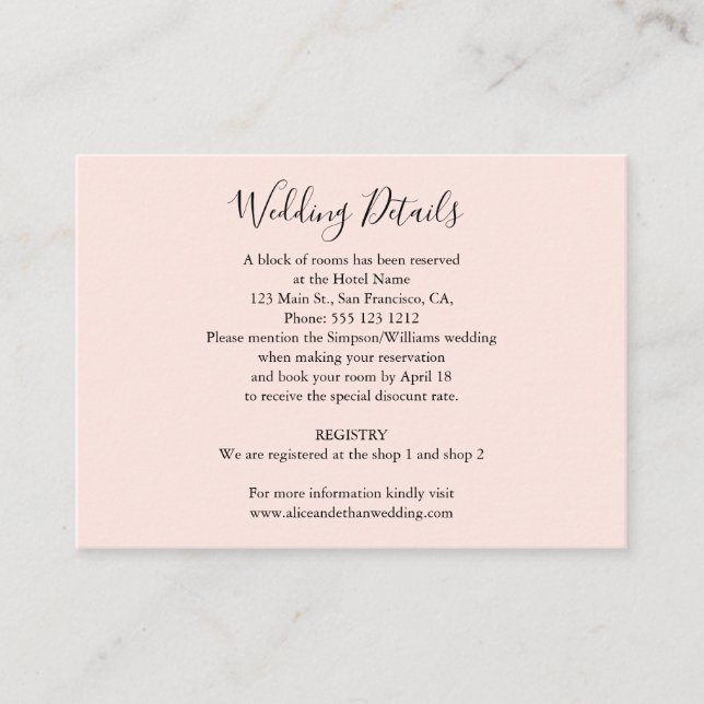 Minimalist Wedding Details with Photo Blush Pink Enclosure Card (Front)
