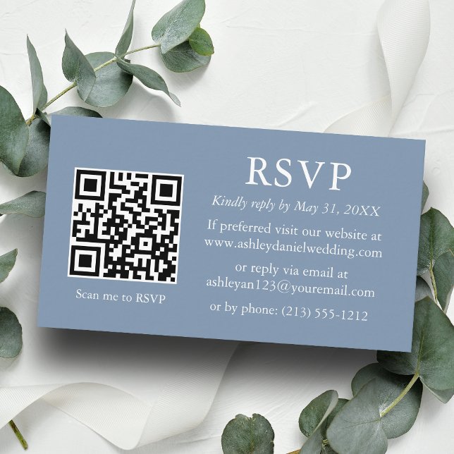 Minimalist Wedding Dusty Blue QR RSVP  Enclosure Card (Customize to change text style, size, background color or add more text or a photo to back of card.)