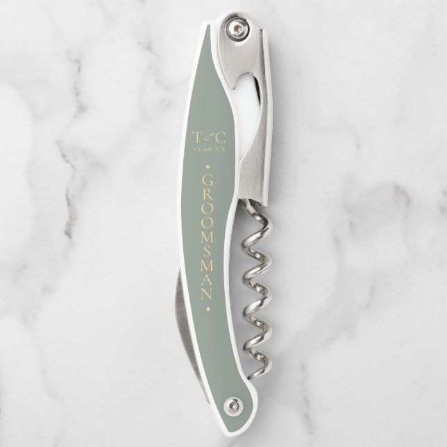 Minimalist Wedding Groomsman Gold/Sage ID954 Corkscrew (Back)