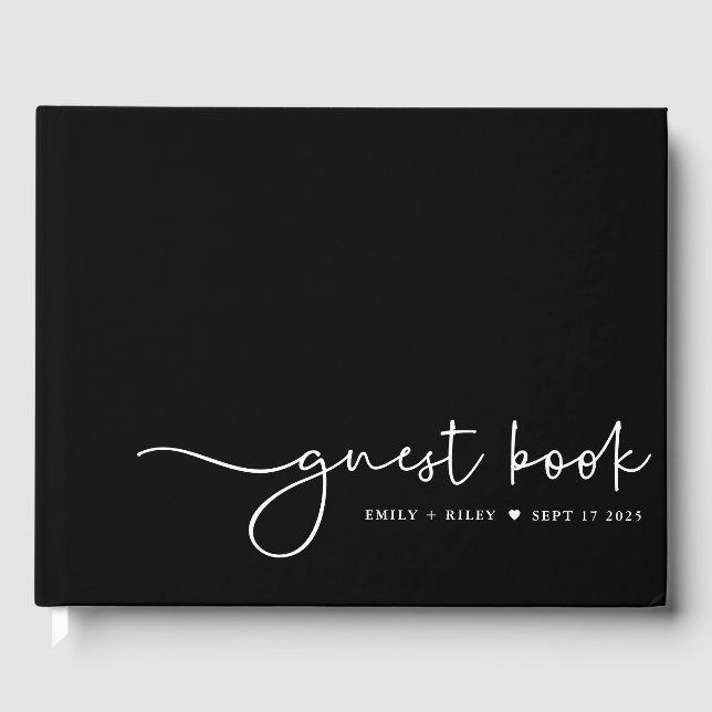 Minimalist Wedding Modern Script Monogram | Black Guest Book (Front)