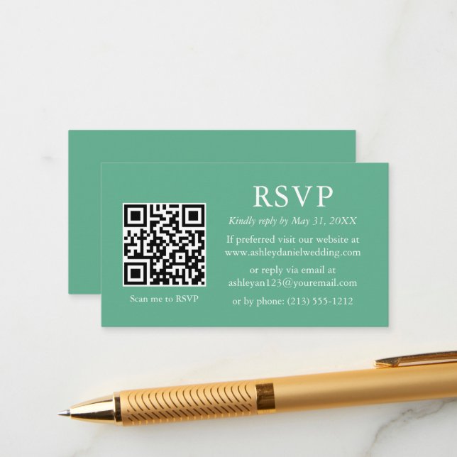 Minimalist Wedding Neo Mint QR RSVP Enclosure Card (Front/Back In Situ)