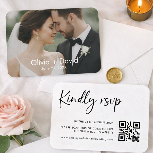 Minimalist Wedding Photo and Script RSVP Design Business Card (Modern wedding RSVP QR code card with photo)