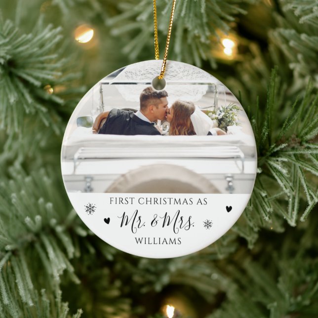 Minimalist Wedding Photo First Christmas as Mr Mrs Ceramic Ornament (Tree)