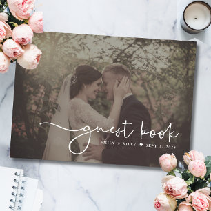 Minimalist Wedding Photo Script Monogram   Black Guest Book