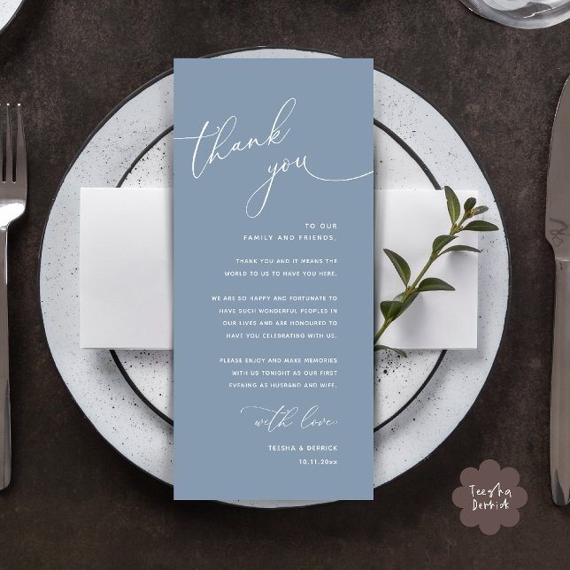 Minimalist Wedding Place Setting Thank You Card (Welcome n Thanks Wedding Reception Dinner Brunch Lunch Thank You Card in Dusty Blue)