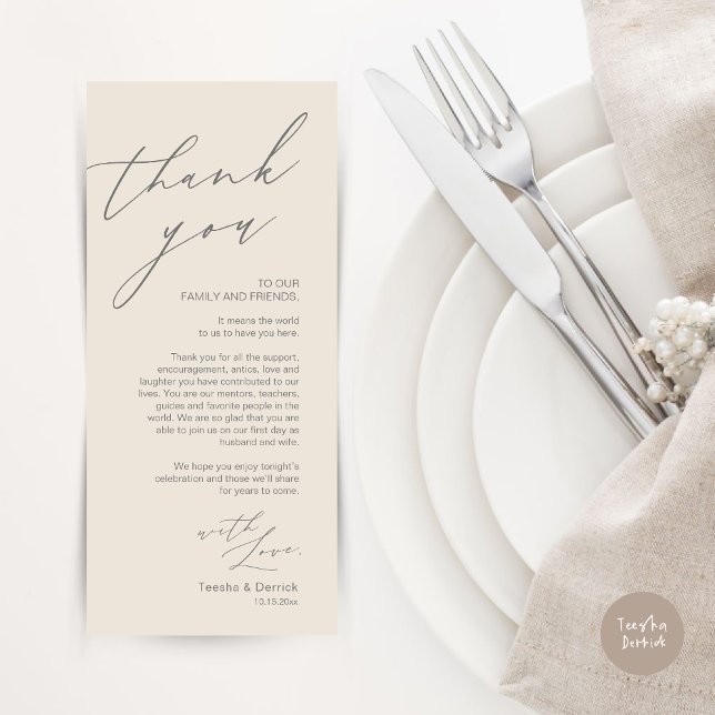 Minimalist Wedding Place Setting Thank You Card (Wedding Place Setting Dinner Thank You Card, Modern Romantic Script, in Cream and Dark Grey)