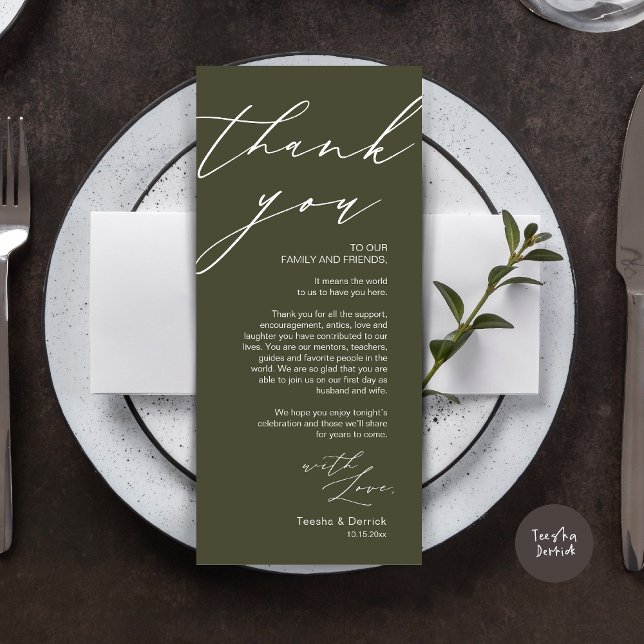 Minimalist Wedding Place Setting Thank You Card (Wedding Place Setting Dinner Thank You Card, Modern Romantic Script, in Olive Green)