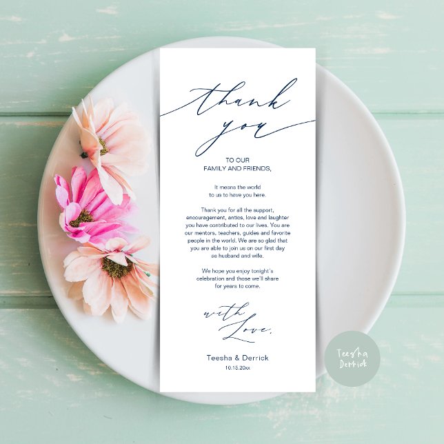 Minimalist Wedding Place Setting Thank You Card (Minimalist Wedding Dinner Place Setting Thank You Card, plate decor in Navy Blue)