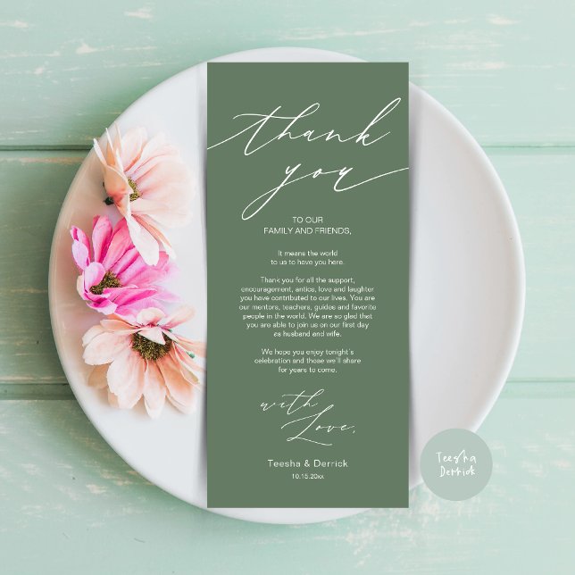 Minimalist Wedding Place Setting Thank You Card (Wedding Dinner Place Setting Thank You Card, Modern Minimalist Design, in forest sage green)