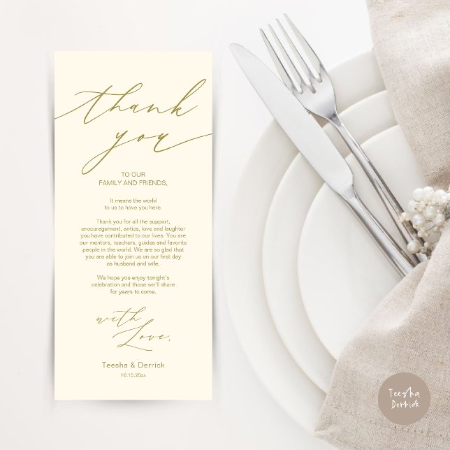 Minimalist Wedding Place Setting Thank You Card (Wedding Dinner Place Setting Thank You Card, Modern Minimalist Design, in retro gold)