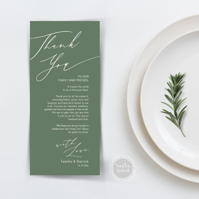 Minimalist Wedding Place Setting Thank You Card (Wedding Dinner Place Setting Thank You Card, Modern Minimalist, in Sage Green)