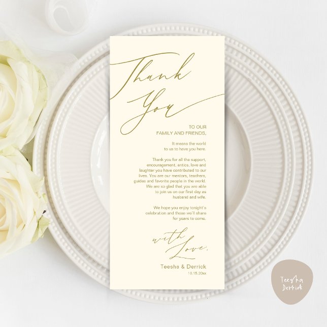 Minimalist Wedding Place Setting Thank You Card (Wedding Dinner Place Setting Thank You Card, Modern Minimalist, in Retro Yellow Gold)