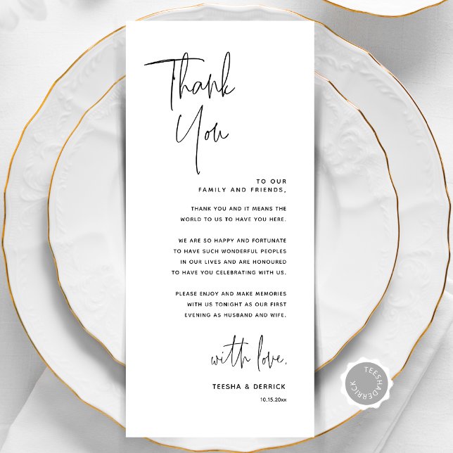 Minimalist Wedding Place Setting Thank You Card (Modern Minimalist Wedding Place Setting Thank You Card, Online Editable, Dinner Place Decor)