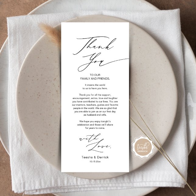 Minimalist Wedding Place Setting Thank You Card (Wedding Dinner Place Setting Thank You Card, in Modern Gentle Script, Black themed, Plate Decor.)