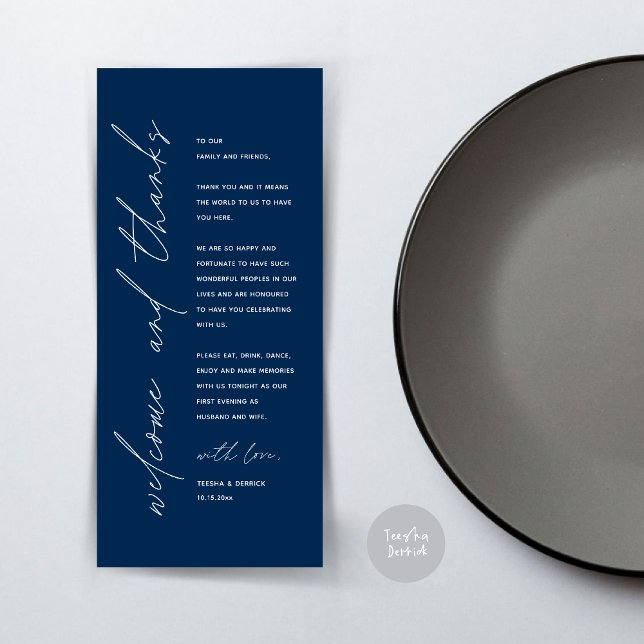 Minimalist Wedding Place Setting Thank You Card (Wedding Dinner Place Setting Thank You Card, Modern Minimalist, in Navy blue)