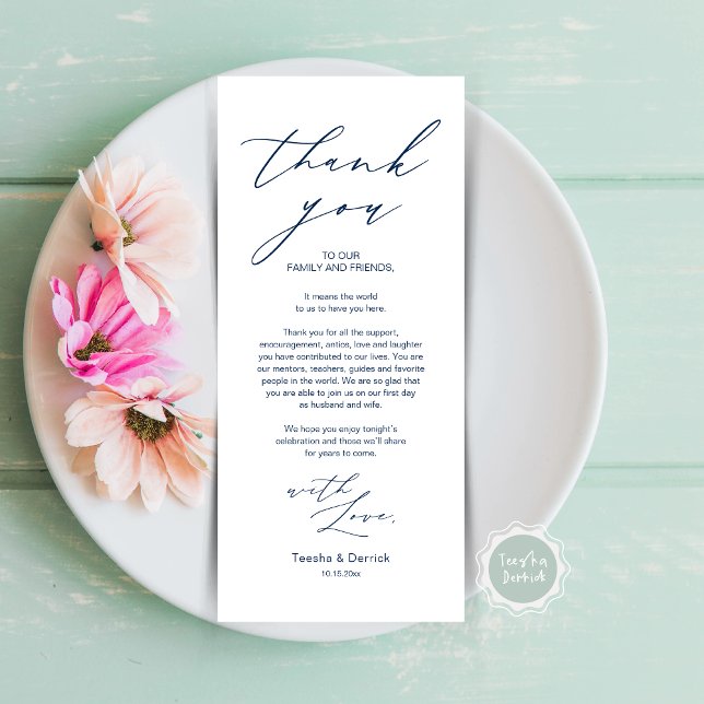 Minimalist Wedding Place Setting Thank You Card (Wedding Brunch, Lunch, Dinner Place Setting Thank You Card, Modern Minimalist Script, in Navy Blue)