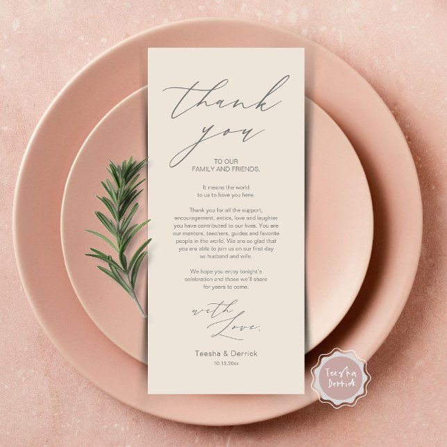 Minimalist Wedding Place Setting Thank You Card (Wedding Brunch, Lunch, Dinner Place Setting Thank You Card, Modern Minimalist Script, Grey Cream)