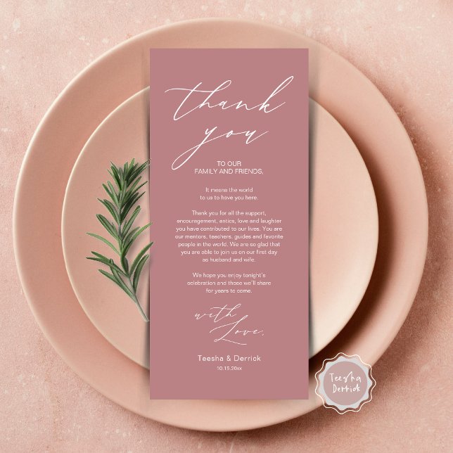Minimalist Wedding Place Setting Thank You Card (Wedding Brunch, Lunch, Dinner Place Setting Thank You Card, Modern Minimalist Script, Dusty rose )